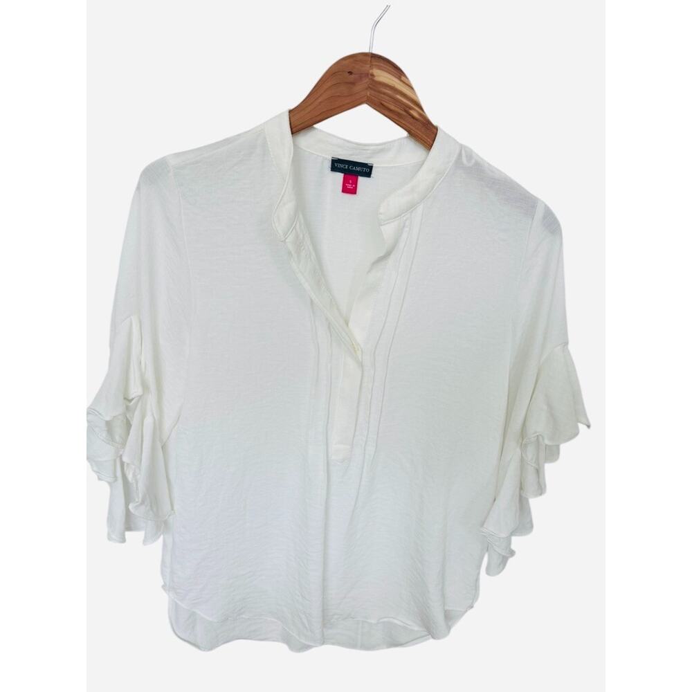Vincent Camuto Women Small White Ruffle 3/4 Sleeve Henley Blouse Shirt Top
